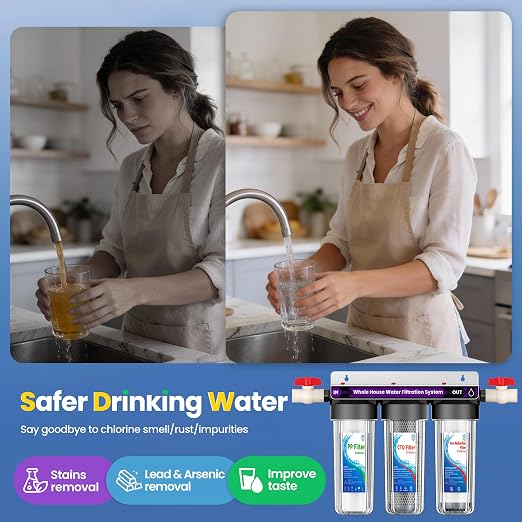 Whole House Water Filter System, 3-Stage Iron & Manganese Removal | Water Softener System,Includes Extra 2 Set Filters,Reduces Iron, Chlorine, Sediment, Rust, Taste & Odor,3/4" Ports