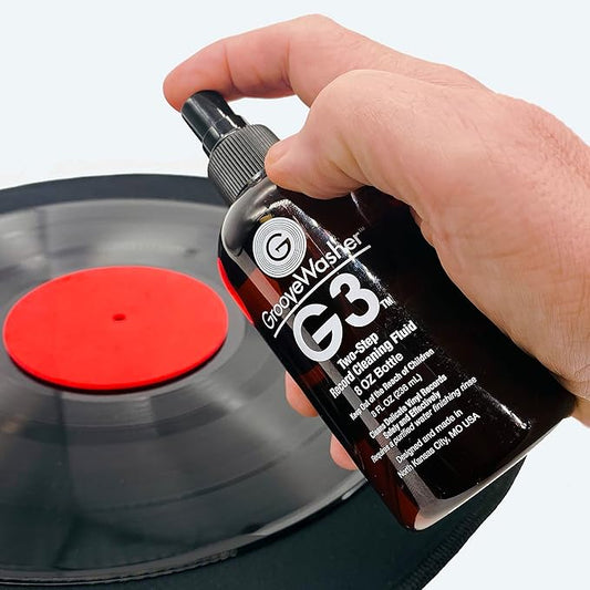 GrooveWasher Two-Step Record Cleaning Bundle – G3 Deep Cleaning Vinyl Record Fluid (8oz) + GSR Super Rinse (32oz) + Lg. Absorbent Microfiber Sponge, Complete 2-Step Kit for Tough to Clean LPs