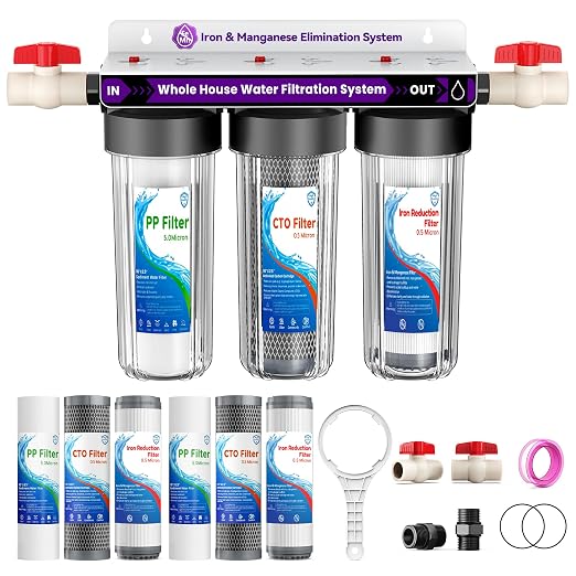 Whole House Water Filter System, 3-Stage Iron & Manganese Removal | Water Softener System,Includes Extra 2 Set Filters,Reduces Iron, Chlorine, Sediment, Rust, Taste & Odor,3/4" Ports