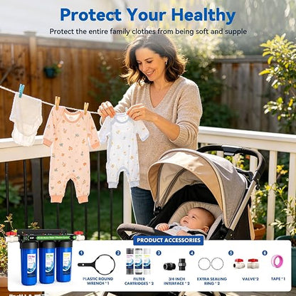 Whole House Filtration System,3-Stage Whole House Water Filter System,Reduces Chlorine Odor Bad Taste, Improves Skin Health, 3/4" Ports with 2 Valves, Extra 2 Sets of Replacement Filters