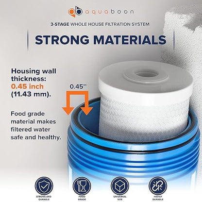 Aquaboon 3-Stage Whole House Water Filter System with 5 Micron 20x4.5 House Water Purification Reducing Sediment and Odors, Carbon Chlorine Reduction Filter (CTO), Pressure Gauge, Wrench, Bracket
