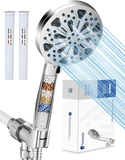 Filtered Shower Head with Handheld and Hose, 10 Spray Modes High Pressure Showerhead for Hard Water, Water Saving Removable Filter with Beads, Chrome Finish, WaterSense & CUPC Certified