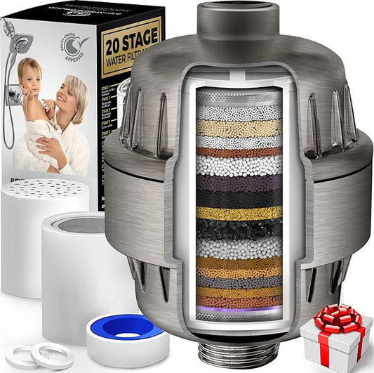 AquaHomeGroup 20 Stage Shower Filter with Vitamin C E and A - Reduces Chlorine, Heavy Metals and Sediment - 2 Cartridges Included - Consistent Flow - Brushed Nickel