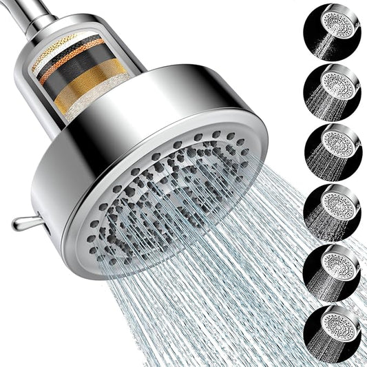 Filtered Shower head for Healthier Hair & Skin – Removes Chlorine & Heavy Metals,High Pressure 6 Mode Settings Shower Head Filter for Hard Water (Chrome)