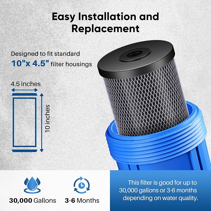 PUREPLUS 1 Micron Coconut Shell Water Filter Cartridge | Activated Carbon Block CTO | Universal Whole House 10 inch Cartridge | Compatible with WFHDC8001, CB-BB-10, EPM, EP-BB, 3Pack