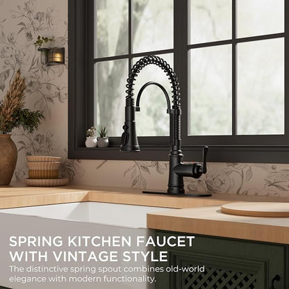 FORIOUS Black Kitchen Faucet with Pull Down Sprayer, Stainless Steel Single Handle Spring Antique Kitchen Sink Faucet with Deck Plate for 1 or 3 Holes, Sutiable for Farmhouse, RV, Camper, Wet Bar