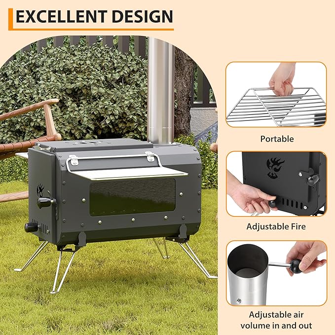 Cast Iron Portable Wood Burning Camping Stove, Compact Tent Stove with Chimney Pipe & View Glass for Ice Fishing, Hiking, Travel, Cookout