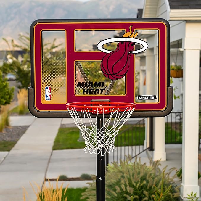 Lifetime NBA Miami Heat Portable Basketball Hoop, Adjustable Height 7.5-10 Ft, 44 Inch Shatterproof Fusion Backboard, Base with Wheels