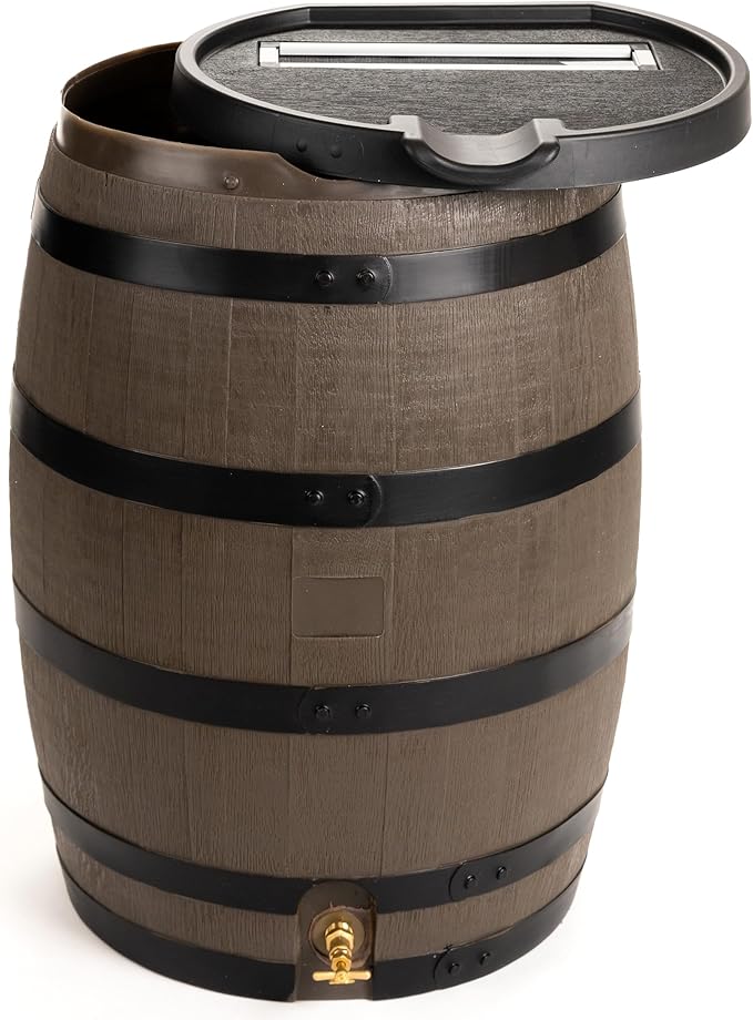 RTS Home Accents Premium 55-Gallon Rain Barrel with Removable Lid, Flat Back Rain Water Collection Barrel, Woodgrain with Black Stripes
