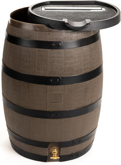 RTS Home Accents Premium 55-Gallon Rain Barrel with Removable Lid, Flat Back Rain Water Collection Barrel, Woodgrain with Black Stripes