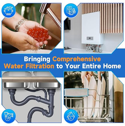 PUREPLUS 2-Stage Whole House Water Filtration System, Reduces Chlorine, Odor, Heavy Metals, Iron, Manganese, 10"x4.5" Housing, 1" Inlet/Outlet, PP Sediment & RFN Iron Filter, Pressure Gauges Included