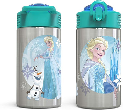 Zak Designs Frozen 15.5oz Stainless Steel Kids Water Bottle with Flip-up Straw Spout - BPA Free Durable Design, Frozen Girl SS