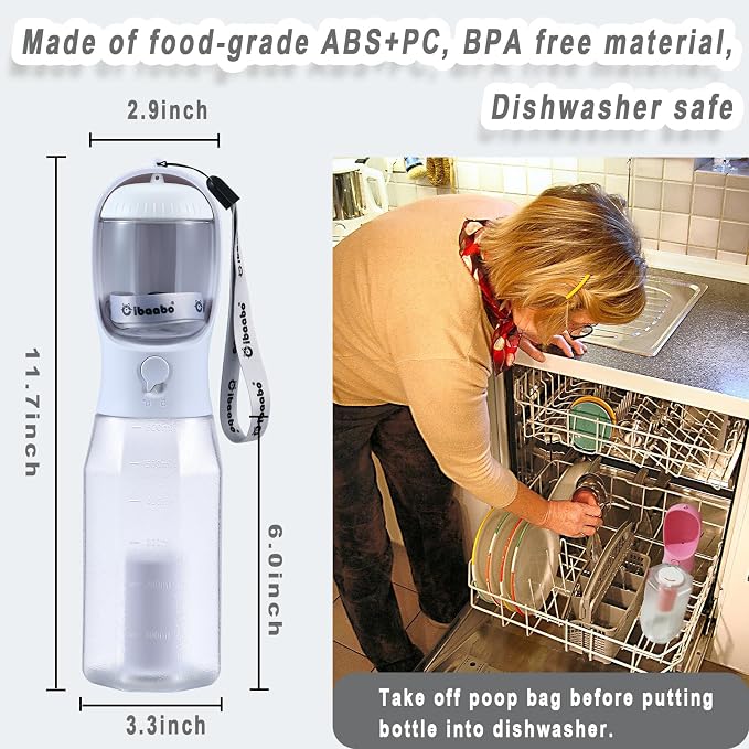 Cibaabo Dog Water Bottle with Food Container & Poop Bag Holder & Filter | Travel Water Bowl, Portable Pet Dispenser, Dog Gifts, Puppy Essentials for Walking Hiking