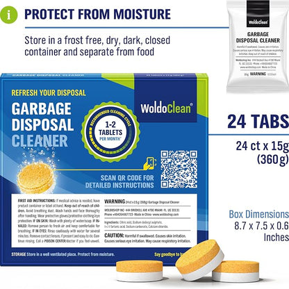 WoldoClean Garbage Disposal Cleaner Tablets 24 Pack - Citrus Deodorizer | Foaming sink drain freshener tabs, kitchen smell eliminator, odor remover
