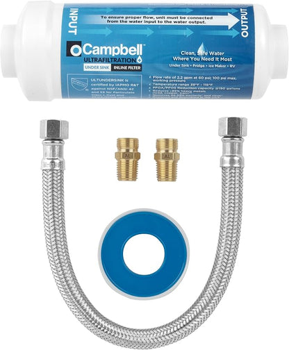 Campbell Ultrafiltration+ Inline Under Sink Filter Kit – Made in USA - High flow: 2.2 GPM. Removes up to 99% of Over 1,000 Harmful Contaminants Including: PFAS, PFOA, and PFAS - NSF 42/53 Certified