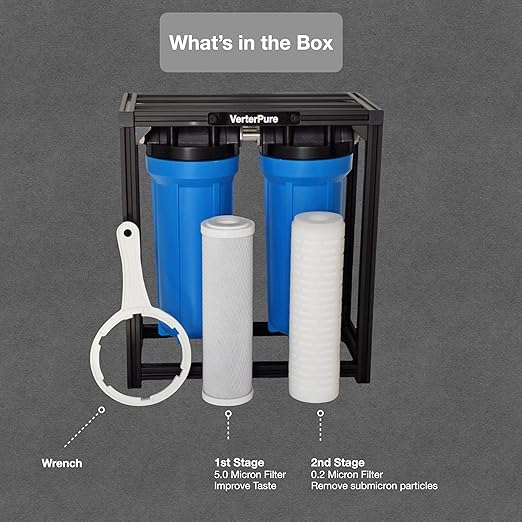 S2 PRO External 2-Stage RV Fresh Water Filter System, High Flow, Oversized Housings, 3/4" GHT Stainless Steel Fittings, Reduce Sediment, Chlorine, Odor, All Aluminium Free-Standing Chassis, Blue