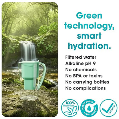 Alkanatur Drops Low Emission Water Filter Pitcher - Hydrogenates + Ionizes + Provides Magnesium Removes Chlorine, Metals, Fluorides, Microplastics, and More - Certified UNE 149101:2015