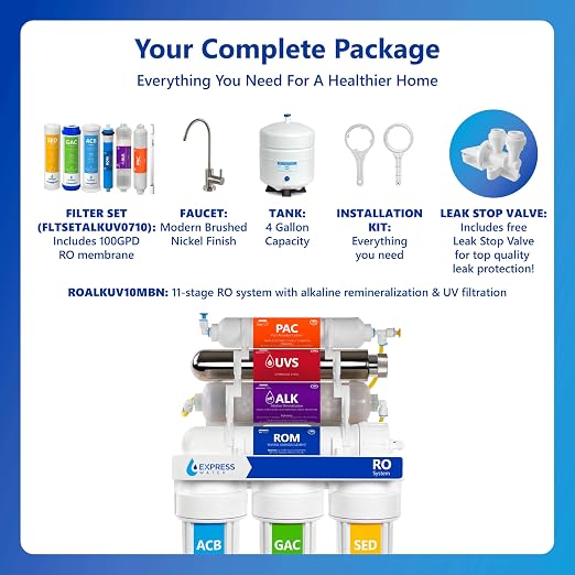 Express Water 11-Stage Reverse Osmosis Water Filtration System with Alkaline & UV Filter, Brushed Nickel Faucet – 100 GPD Under Sink Water Filter with Alkaline Filter for Added Essential Minerals