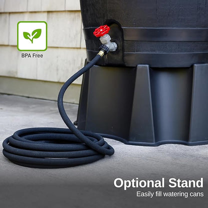 RTS Home Accents 50-Gallon ECO Rain Barrel Made with 100% Recycled Plastic, Flat Back Rain Water Collection Barrel, Soaker Hose Included, Black