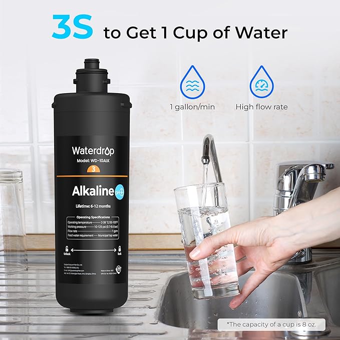 Waterdrop WD-10ALK Water Filter Replacement for Waterdrop TSB-ALK 8 Layer High Capacity Alkaline Under Sink Water Filtration System, 12 months Under Sink Water Filter, Reduces Bad Taste & Odor