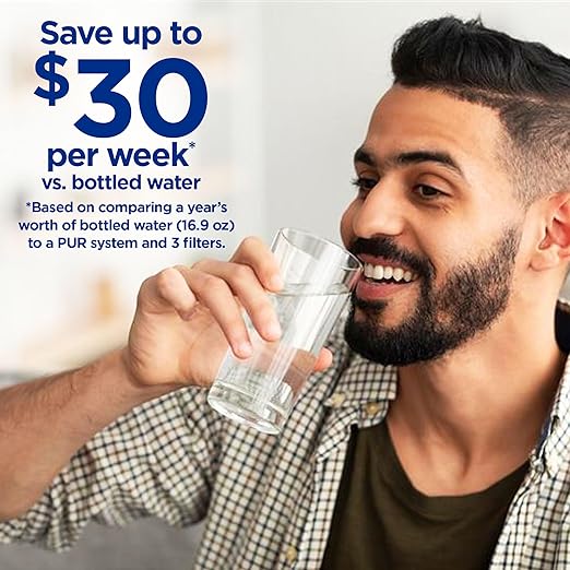PUR PLUS Vertical Faucet Mount Water Filtration System, Lead-Reducing Filter, Great-Tasting Water, Easy Install, Lasts 100 Gallons, Compatible with Sinks with External Aerators, Stainless Steel