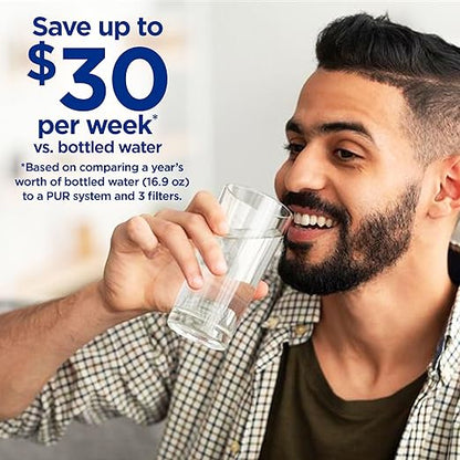 PUR PLUS Vertical Faucet Mount Water Filtration System, Lead-Reducing Filter, Great-Tasting Water, Easy Install, Lasts 100 Gallons, Compatible with Sinks with External Aerators, Stainless Steel