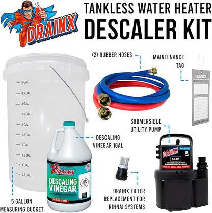 DrainX Tankless Water Heater Flushing Kit Includes Pump, Hoses, 5-Gallon Bucket, Concentrated Vinegar, and Replacement Filter for Rinnai Systems