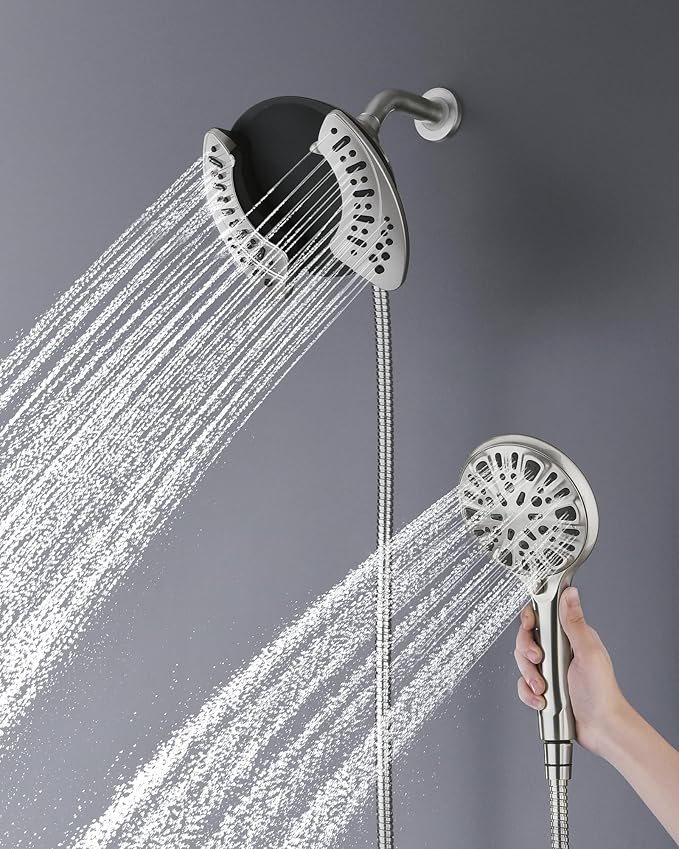 INAVAMZ 2-in-1 Shower Head with Handheld Combo: Rainfall Shower Head & Detachable Shower Head Use Together or Alone, 9 Spray Settings Showerhead with Hose Nickel, Shower Trim Systems