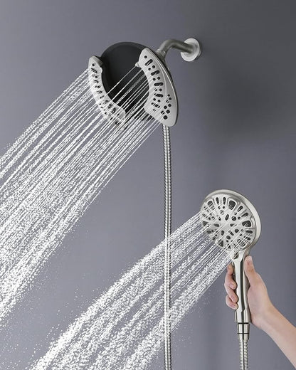 INAVAMZ 2-in-1 Shower Head with Handheld Combo: Rainfall Shower Head & Detachable Shower Head Use Together or Alone, 9 Spray Settings Showerhead with Hose Nickel, Shower Trim Systems