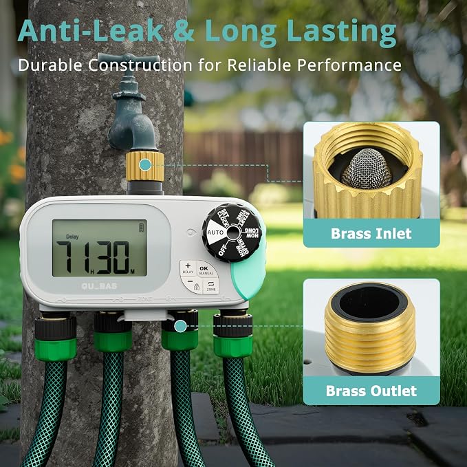 QUOBAS Sprinkler Timer for Garden Hose, Programmable Brass Water Timer | 4 Zone Hose Timer with Child Lock for Drip Irrigation, Pool, with Rain Delay/Auto/Manual, Waterproof Screen & Battery Powered