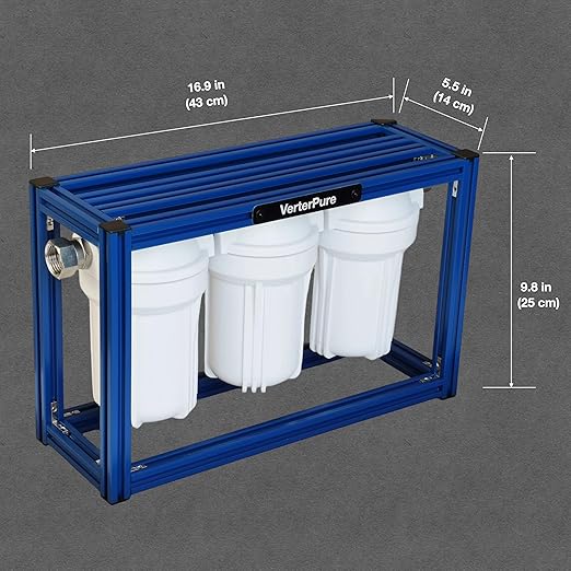 S3 Mini External 3-Stage RV Fresh Water Filter System, Compact, 5 Inch Filters, 3/4" GHT Stainless Steel Fittings, Reduce Sediment, Chlorine, Odor, All Aluminium Free-Standing Chassis, Blue