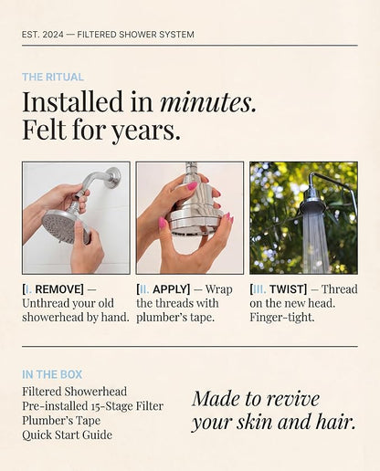 Filtered Shower Head for Hair & Skin – 15-Stage Filter Reduces Chlorine, Heavy Metals & Hard Water – High Pressure Showerhead – Water Softener for Hard Water For Dry Skin, Hair & Sensitive Scalp