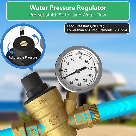 KORVOS All in One Fresh Water Kit, RV Water Pressure Regulator, Inline Water Filter, Hose Splitter, Brass Elbow, Flexible Connector, Hose Quick Connects, Leak Repair Kit, and Carrying Case