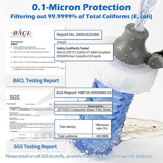 1L Collapsible Water Filter Bottle, 0.1 Micron Hollow Fiber Water Filter Bag, BPA-Free Filtration Bladder for Hiking, Backpacking, Camping, Cycling & Emergency Survival(Slate Gray, 1L)