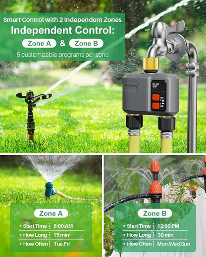 WiFi Sprinkler Timer 2 Zone with 984 Feet RF Gateway/Brass Inlet & Outlet, 2 Outlet Smart Water Timer for Garden Hose with Rain Delay/Manual/Automatic,WiFi Water Hose Timers for Garden & Lawns