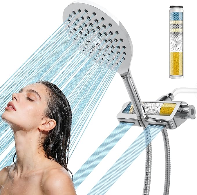 7.5" Rainfall Filtered Shower Head with Handheld Showerhead with Filter High Pressure 2-in-1 Dual Spa System Water Softener Filters for Hard Water 59" Stainless Steel Hose Chrome Polish
