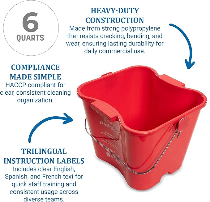San Jamar Kleen-Pail Pro Sanitizer Pail Cleaning Bucket with Bail Handle for Cleaning, Kitchens, Restaurants, And Janitorial Use, Plastic, 6 Quarts, Red