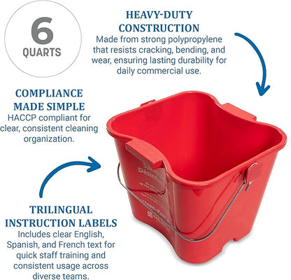 San Jamar Kleen-Pail Pro Sanitizer Pail Cleaning Bucket with Bail Handle for Cleaning, Kitchens, Restaurants, And Janitorial Use, Plastic, 6 Quarts, Red