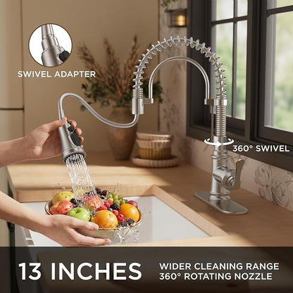 FORIOUS Kitchen Faucet with Pull Down Sprayer, Stainless Steel Single Handle Spring Antique Kitchen Sink Faucet with Deck Plate, Sutiable for Farmhouse, RV, Camper, Wet Bar, Brushed Nickel