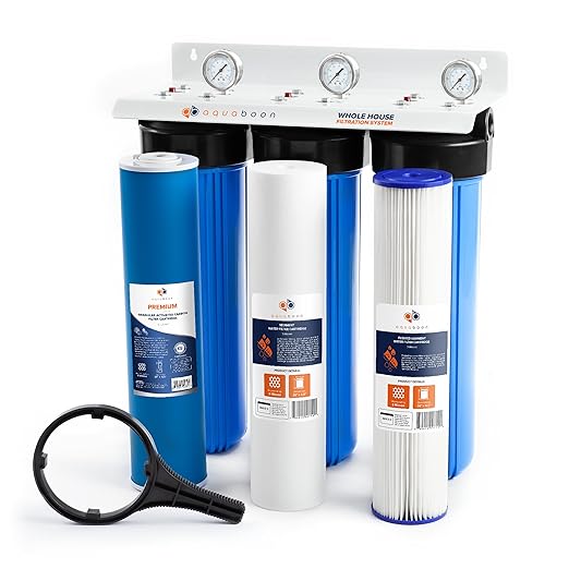 Aquaboon 3 Stage Whole House Water Filter System for Well Water with 20x4.5 Water Filters Cartridges, Wrench, Bracket, Pressure Gauges & Release