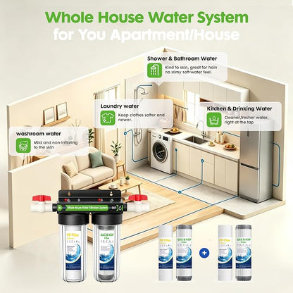 2 Stage Whole House Water Filter System with 3 Sets of Filters, 10"x2.5" | 3/4" Ports, Clear Housing, Highly Reduces Heavy Metal, Chlorine Odor, Taste, Rust, Sediment, 2 Valves, for Well & Tap Water