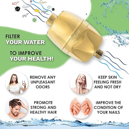 Aqua Elegante Shower Water Filter For Showerhead - Universal Shower Head Filters To Remove Chlorine & Hard Minerals - Gold Bath Purifier And Filtered Softener System Best With KDF-55 - Polished Brass