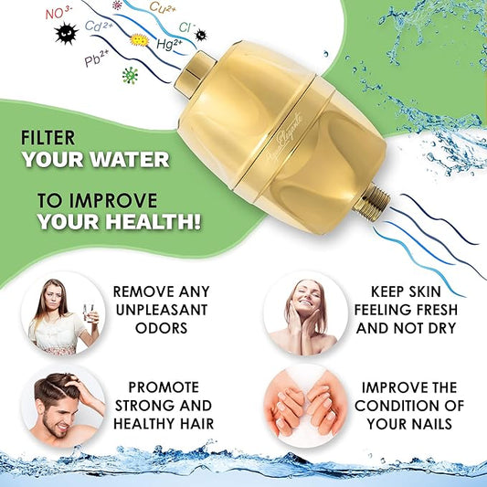 Aqua Elegante Shower Water Filter For Showerhead - Universal Shower Head Filters To Remove Chlorine & Hard Minerals - Gold Bath Purifier And Filtered Softener System Best With KDF-55 - Polished Brass