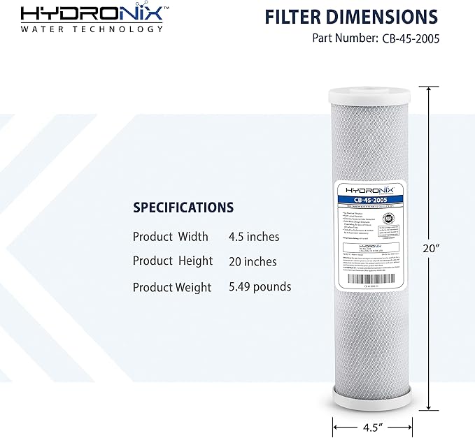 Hydronix CB-45-2005 Whole House, Commercial & Industrial NSF Coconut Carbon Block Water Filter, 4.5" x 20" - 5 Micron