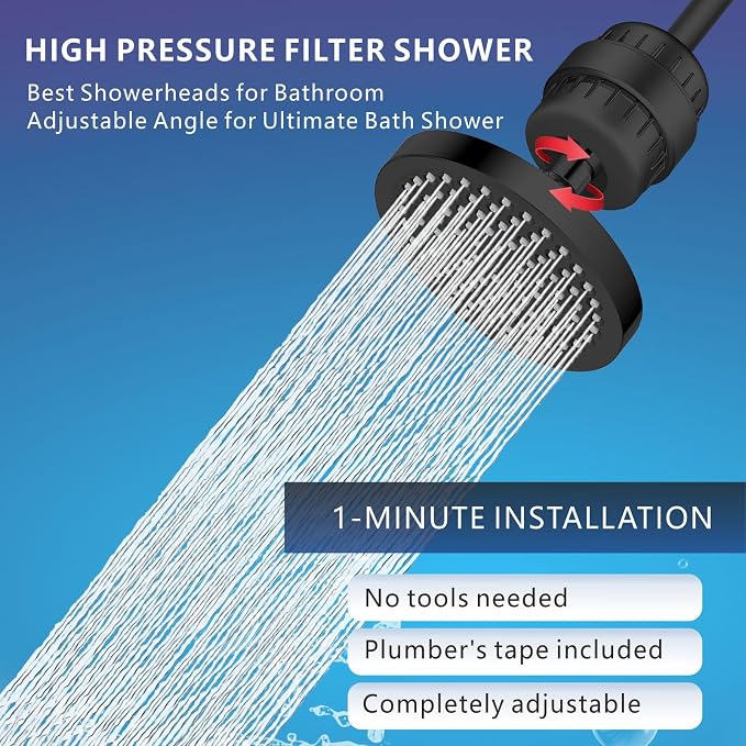 High Pressure Filtered Shower Head Set, 6’’ Rain Shower Filter for Hard Water, Universal Round Showerhead 20 Stage Filtration Removes Impurities for Rejuvenated Skin by Eolax, Matte Black
