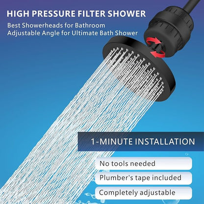 High Pressure Filtered Shower Head Set, 6’’ Rain Shower Filter for Hard Water, Universal Round Showerhead 20 Stage Filtration Removes Impurities for Rejuvenated Skin by Eolax, Matte Black