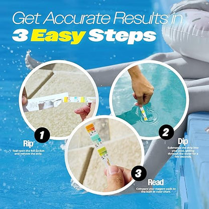 Pool Check Xpress 3-Way Test Strip 482030 – Award Winning - Built-in-Color-Chart on The Strip – No Color Chat Needed - Water Testing for Total Alkalinity, pH, and Free Chlorine in Pool and Spas