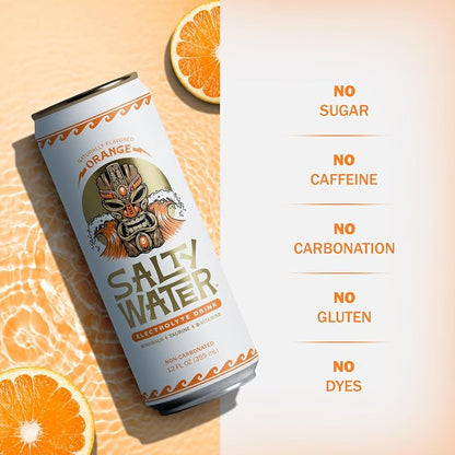 SaltyWater Electrolyte Drink, Orange – Zero Sugar Premium Hydration Drink, 10 Calories, Minerals, Taurine, B-Vitamins, Non-Carbonated - Zero Caffeine Electrolyte Sports Drink - Gluten Free - 12 Pack (12 oz)