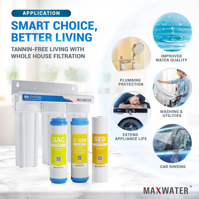 Max Water 3 Stage Water Softening10 inch Standard Water Filtration System for Whole House - Sediment + Cation Resin + GAC - ¾ Inlet/Outlet - Model : WH-SW2