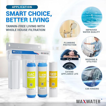 Max Water 3 Stage Water Softening10 inch Standard Water Filtration System for Whole House - Sediment + Cation Resin + GAC - ¾ Inlet/Outlet - Model : WH-SW2